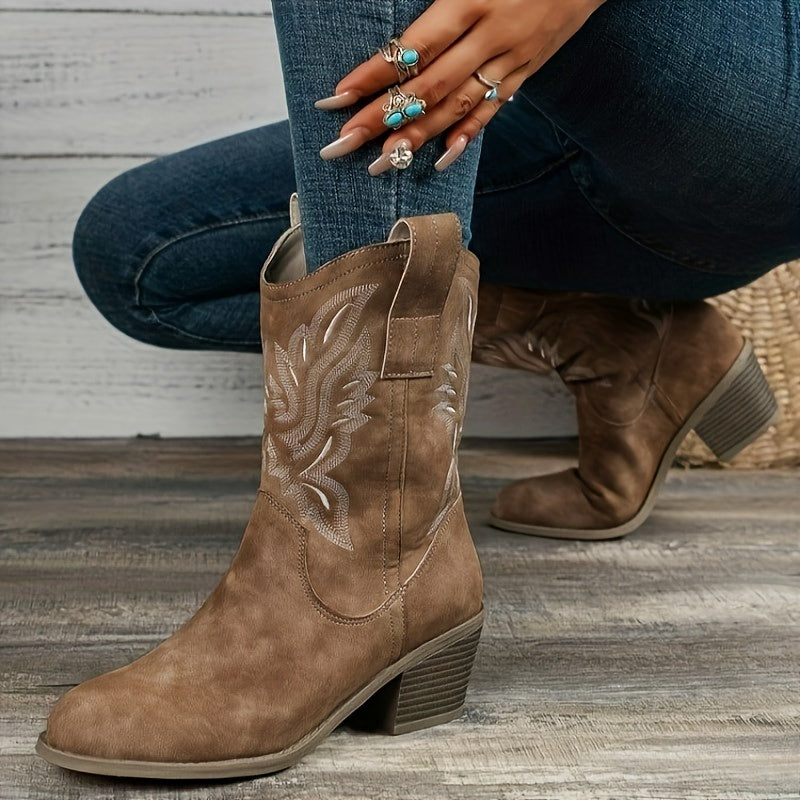 Tonal Embroidered Wide Calf Western Boots