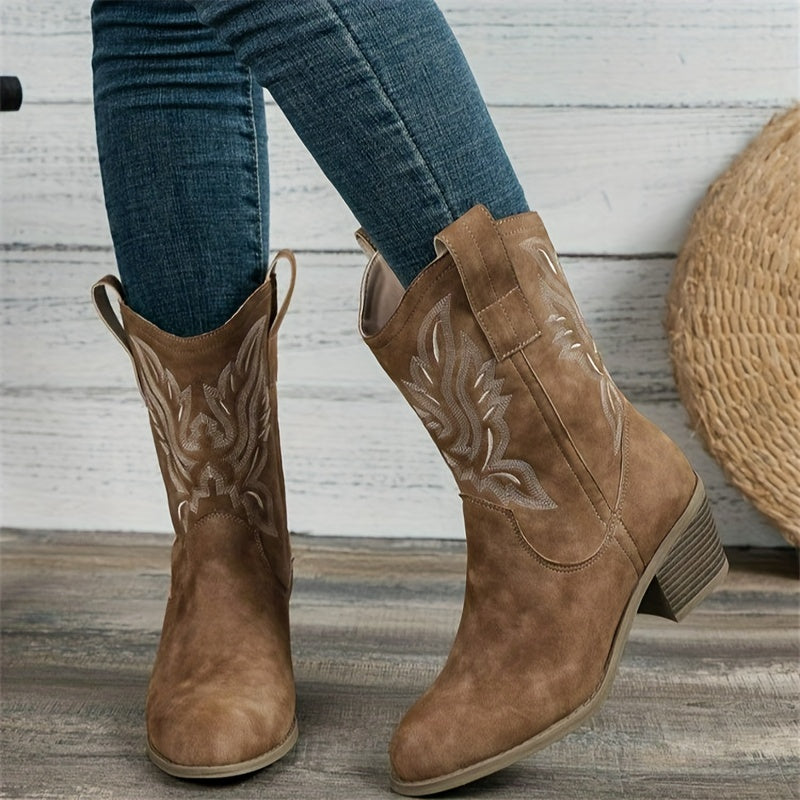 Tonal Embroidered Wide Calf Western Boots