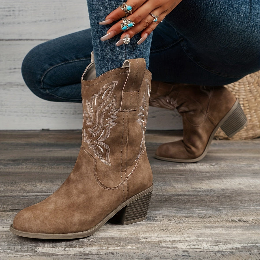 Tonal Embroidered Wide Calf Western Boots