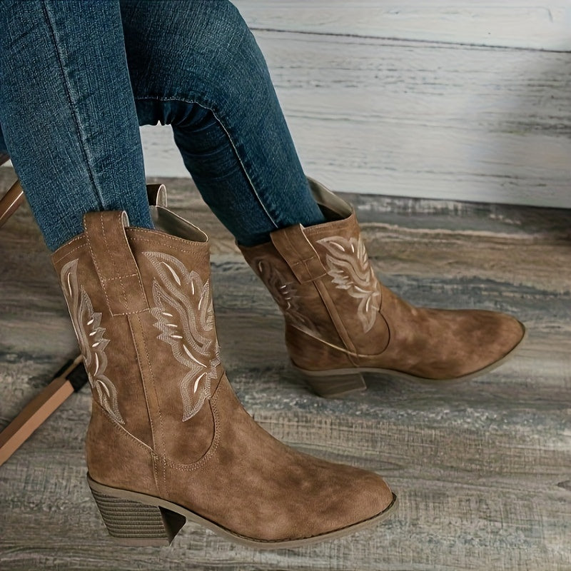 Tonal Embroidered Wide Calf Western Boots