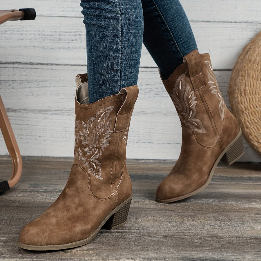 Tonal Embroidered Wide Calf Western Boots