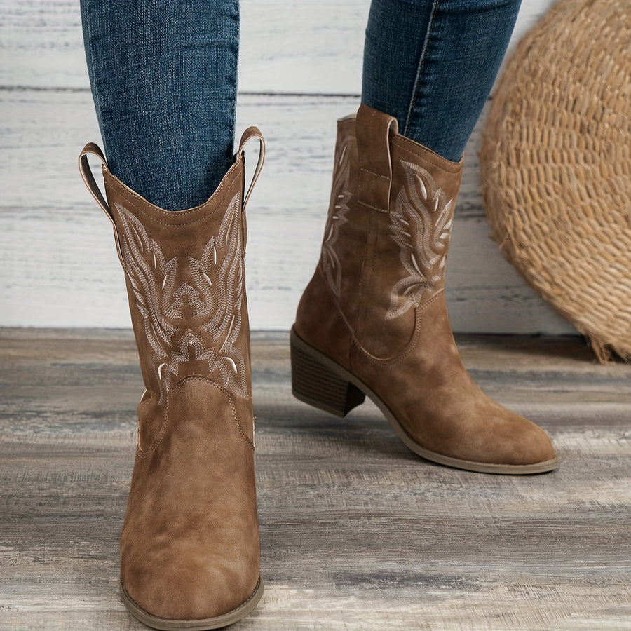 Tonal Embroidered Wide Calf Western Boots