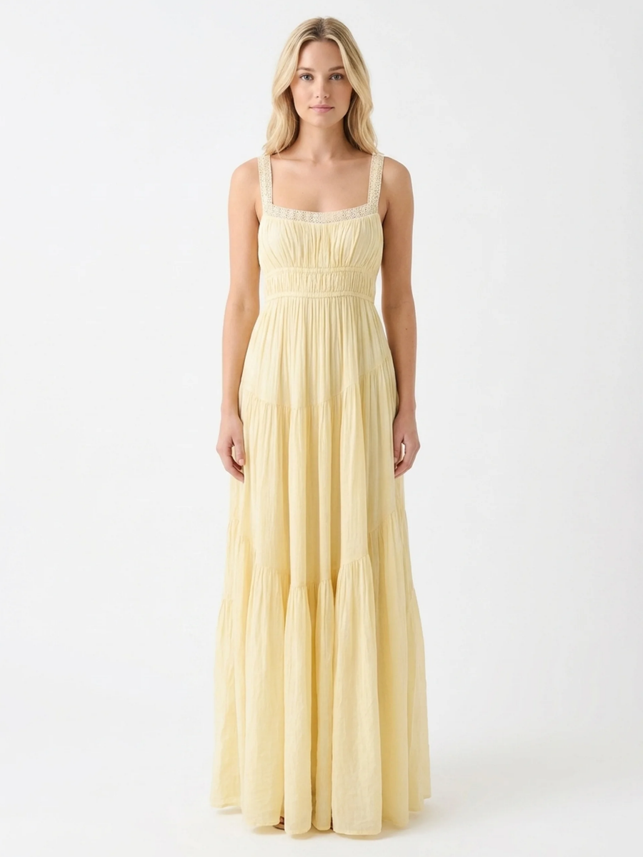 Sophia | Elegant Lace Trim Tiered Linen Maxi Dress 0
