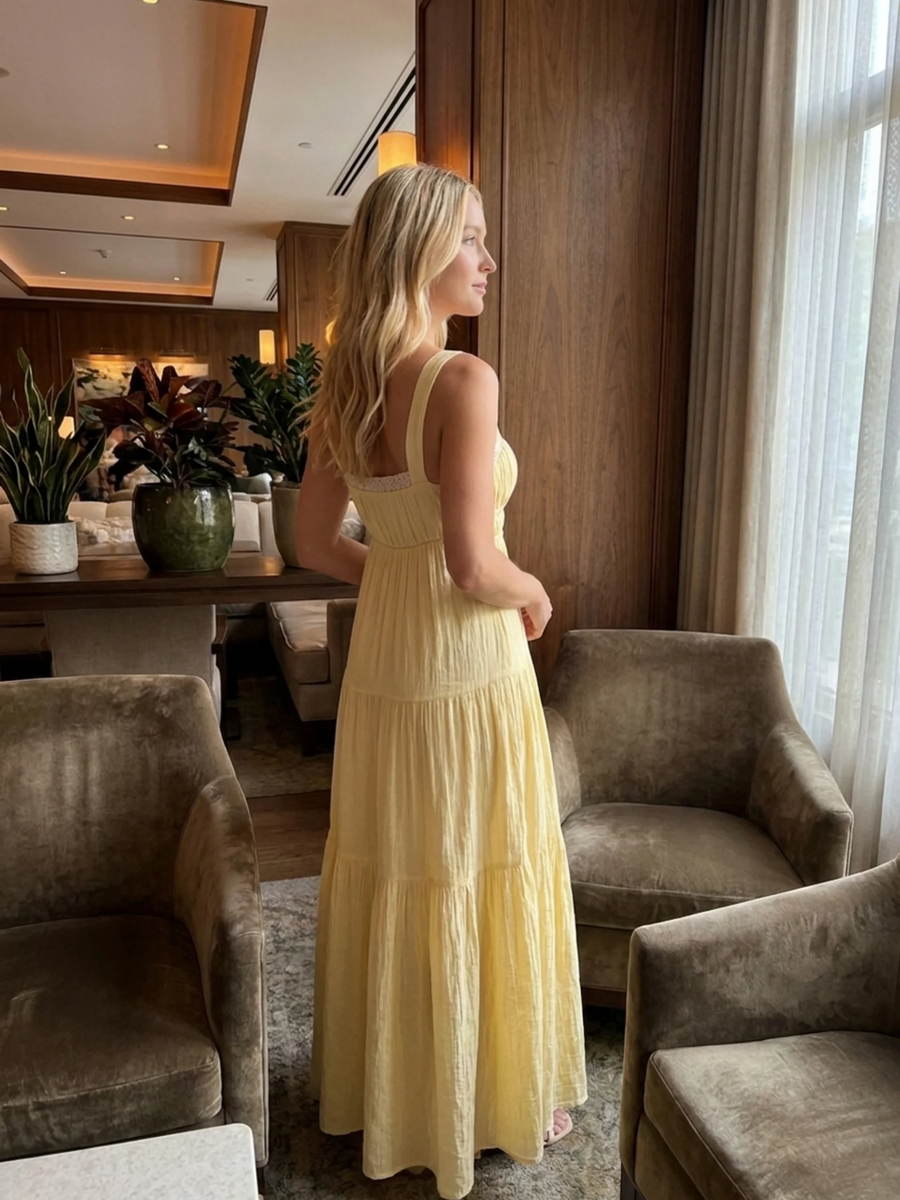 Sophia | Elegant Lace Trim Tiered Linen Maxi Dress 3