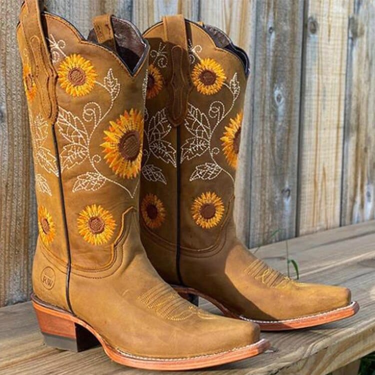 Sunflower Embroidered Square Toe Western Boots
