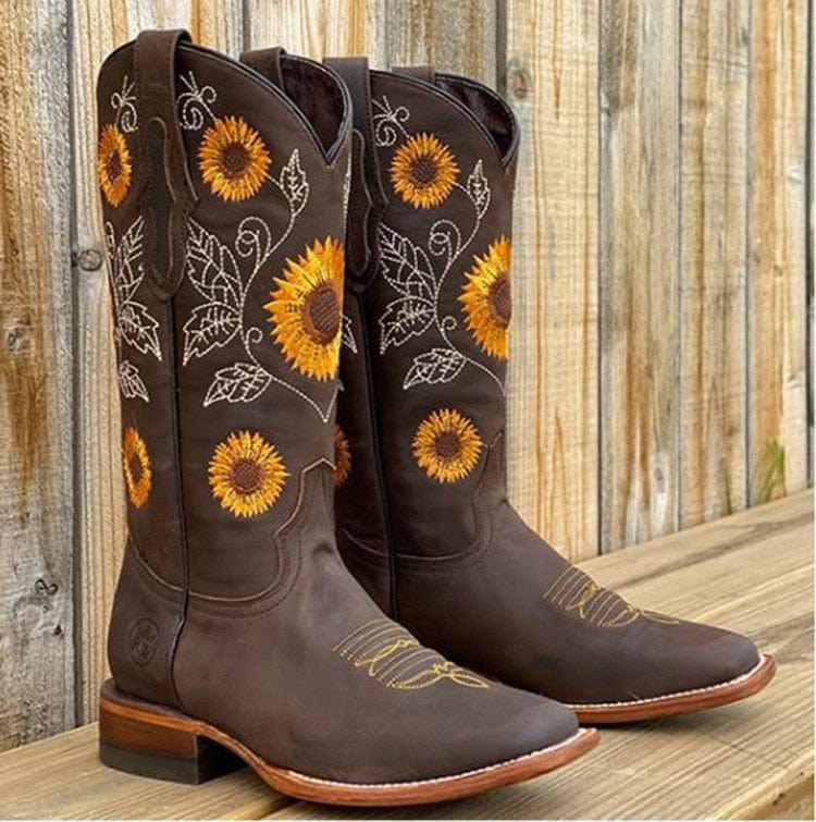 Sunflower Embroidered Square Toe Western Boots