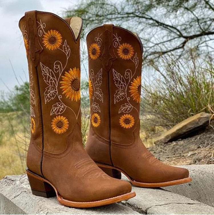 Sunflower Embroidered Square Toe Western Boots