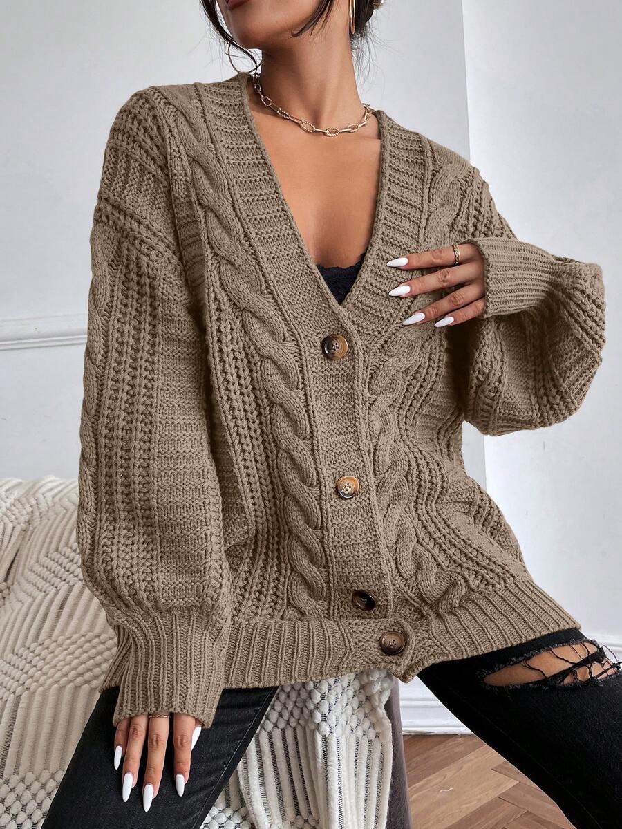 Yara | Chunky Cable Knit Button Up Cardigan with Bishop Sleeves 1