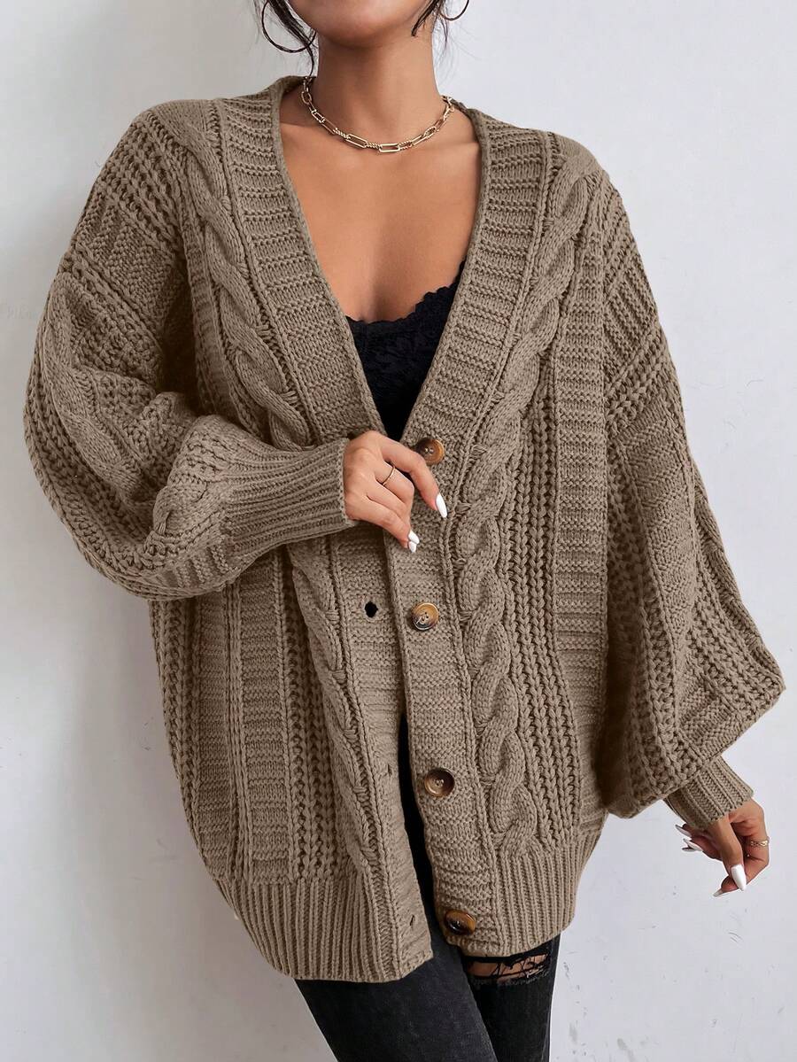 Yara | Chunky Cable Knit Button Up Cardigan with Bishop Sleeves 3