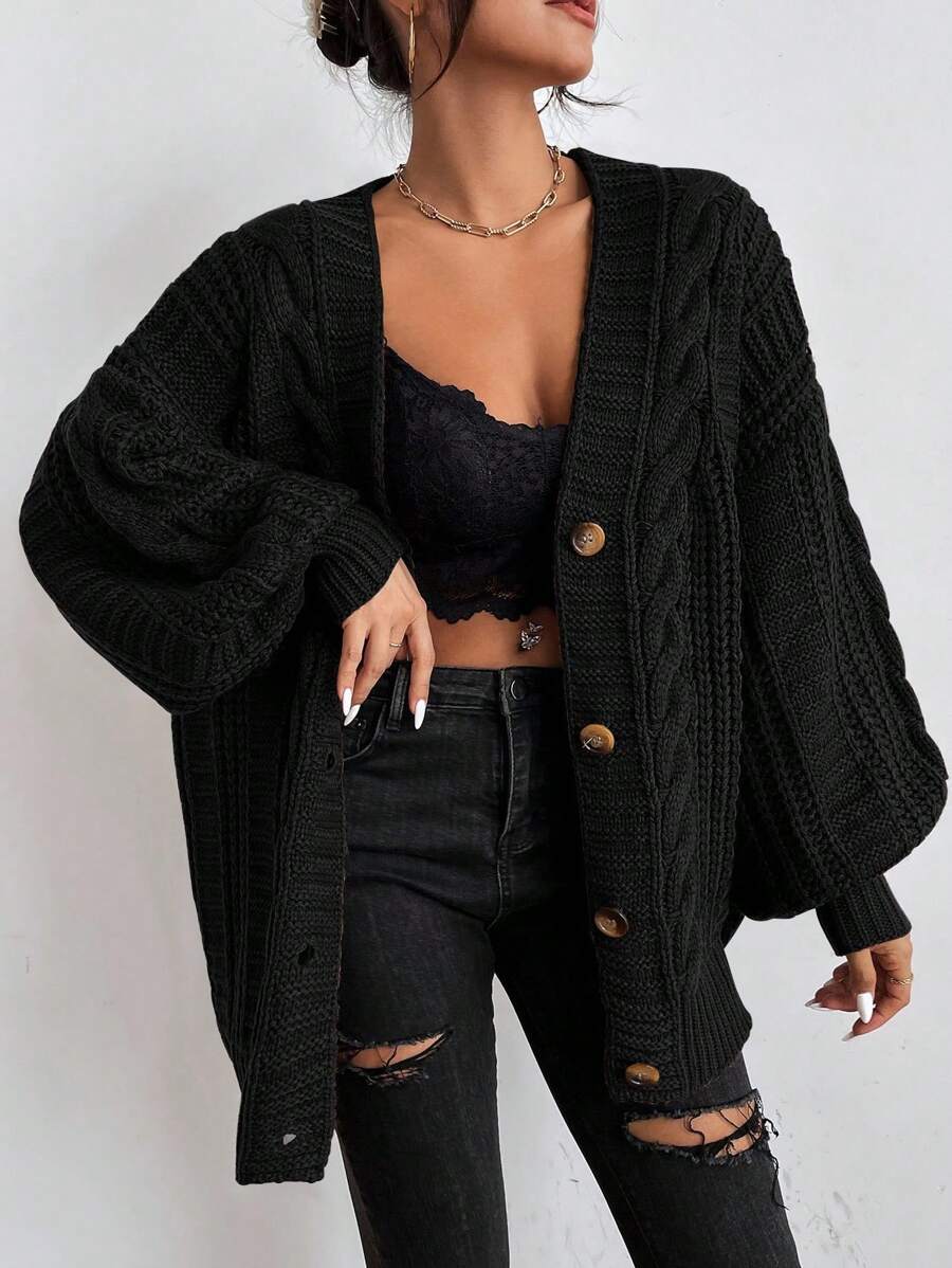 Yara | Chunky Cable Knit Button Up Cardigan with Bishop Sleeves 6