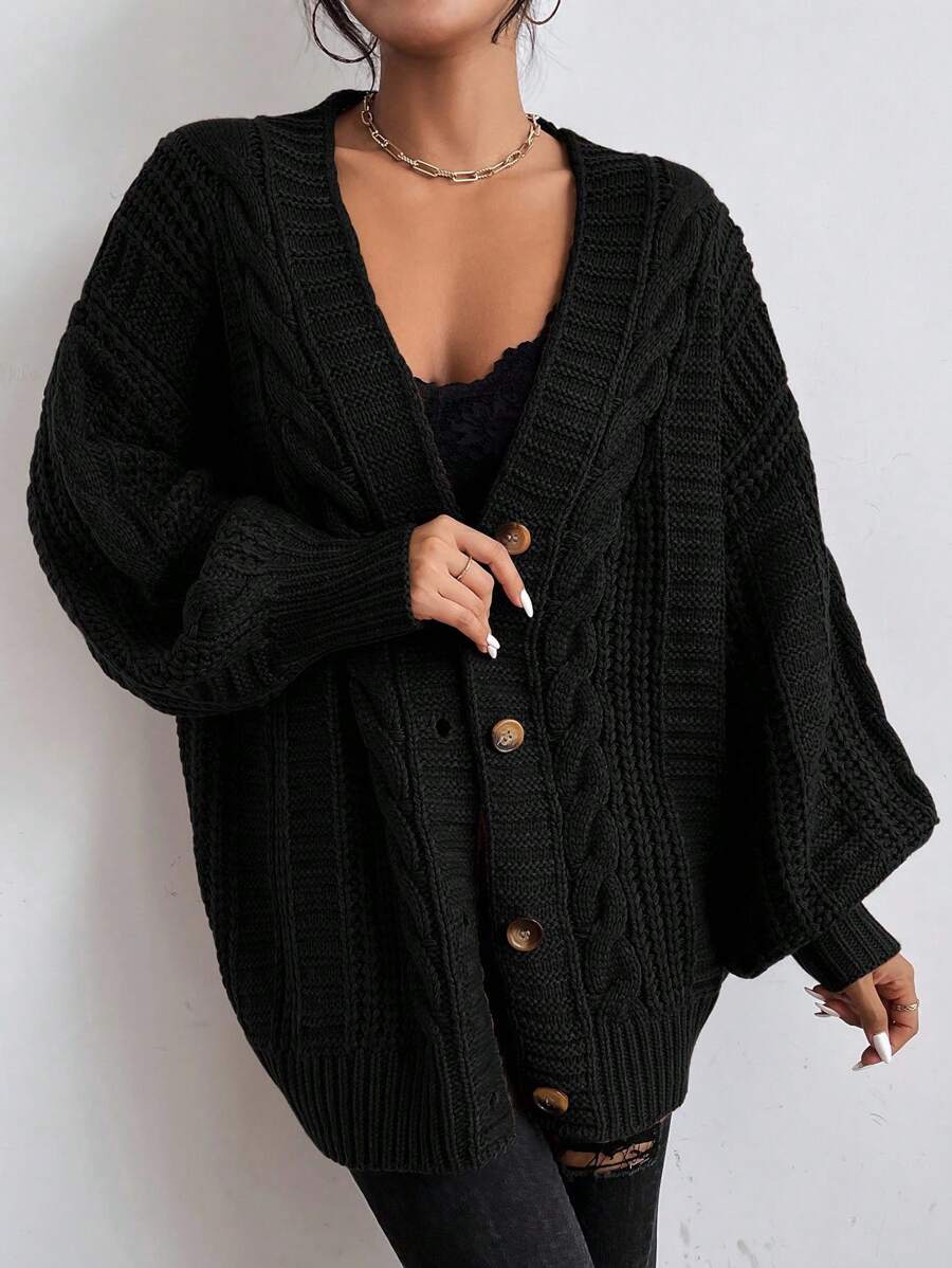Yara | Chunky Cable Knit Button Up Cardigan with Bishop Sleeves 7