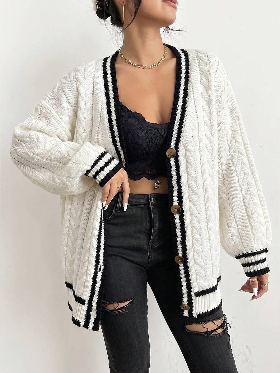 Yara | Chunky Cable Knit Button Up Cardigan with Bishop Sleeves 8