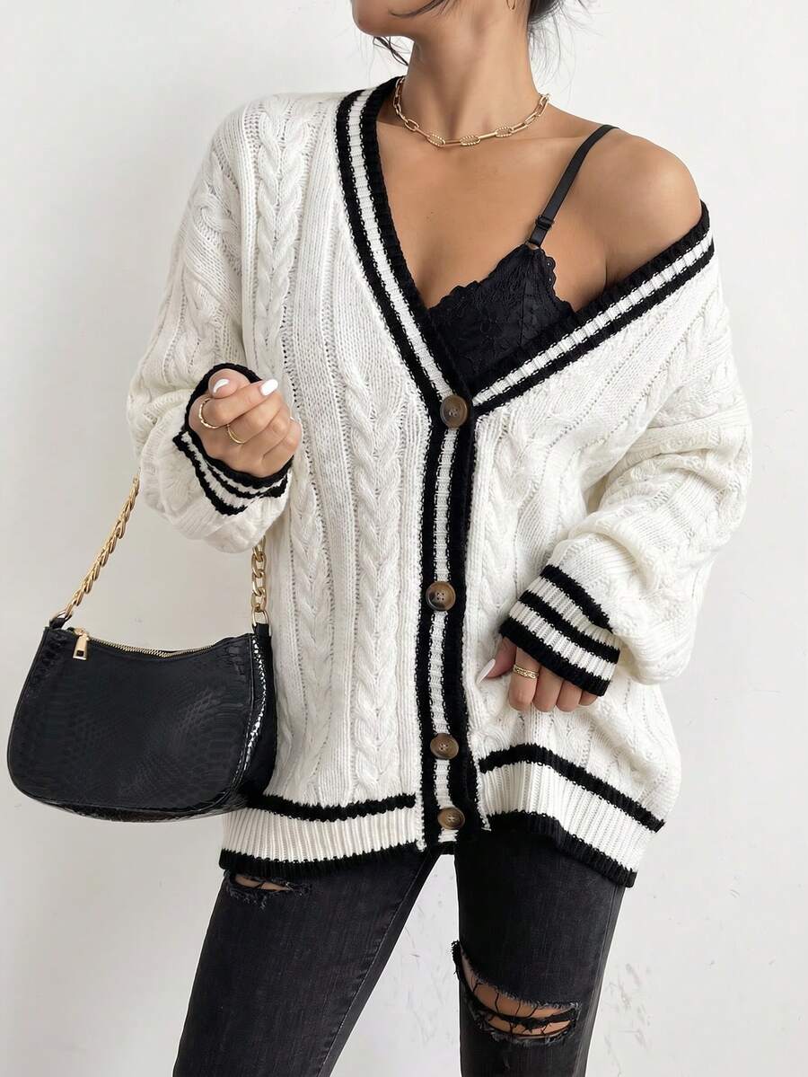 Yara | Chunky Cable Knit Button Up Cardigan with Bishop Sleeves 9