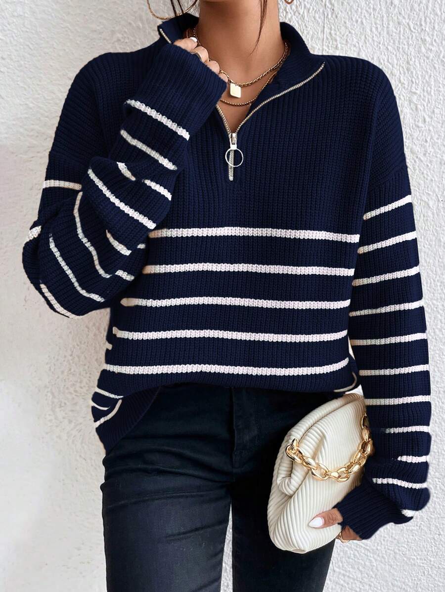Zorelle | Striped Ribbed Knit Half Zip Jumper with Stand Collar 0