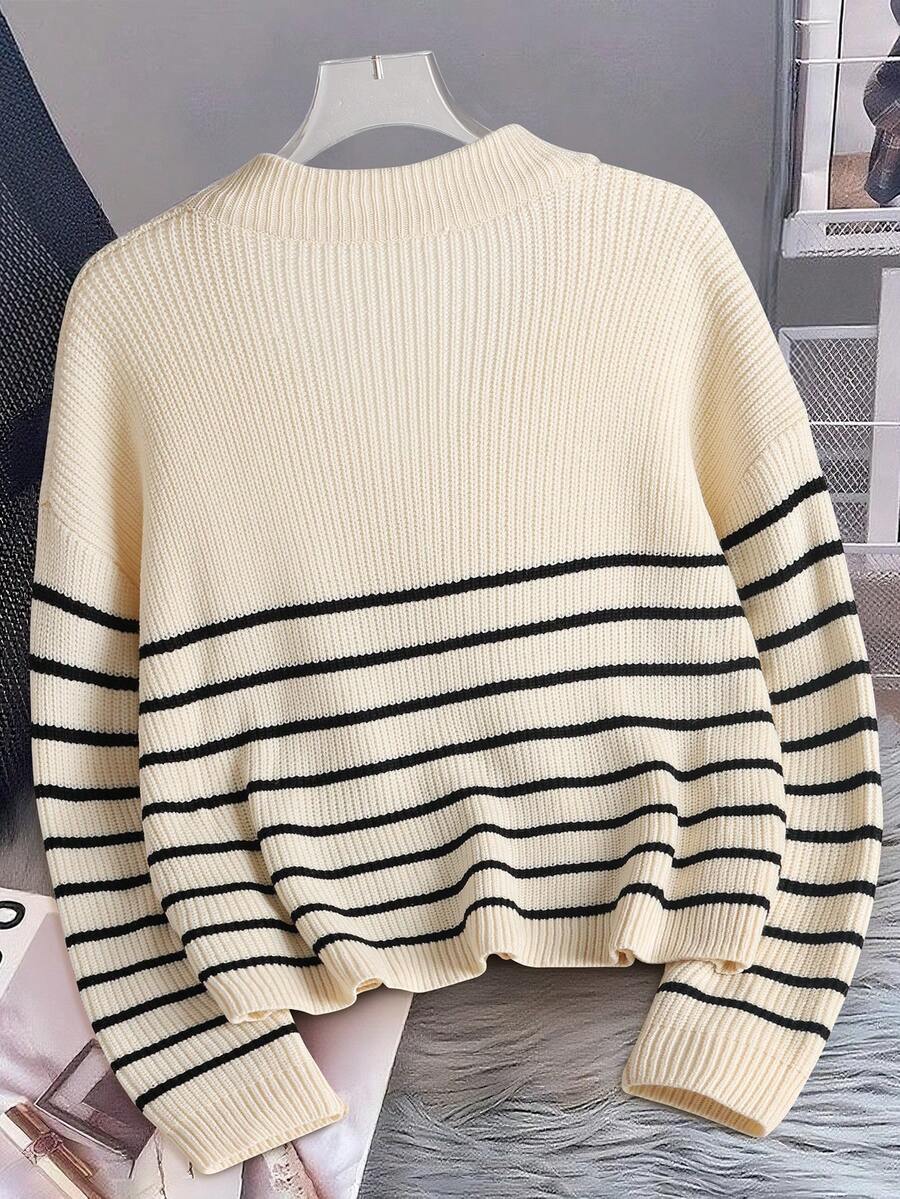Zorelle | Striped Ribbed Knit Half Zip Jumper with Stand Collar 2