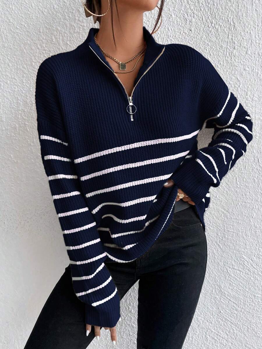 Zorelle | Striped Ribbed Knit Half Zip Jumper with Stand Collar 4