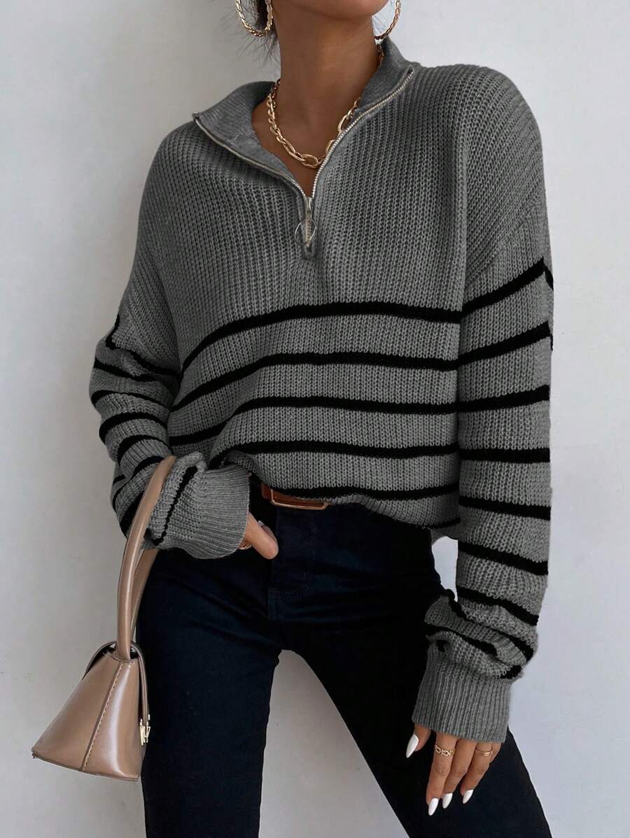 Zorelle | Striped Ribbed Knit Half Zip Jumper with Stand Collar 5