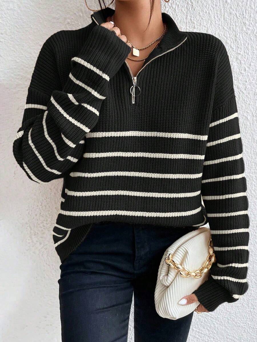 Zorelle | Striped Ribbed Knit Half Zip Jumper with Stand Collar 8