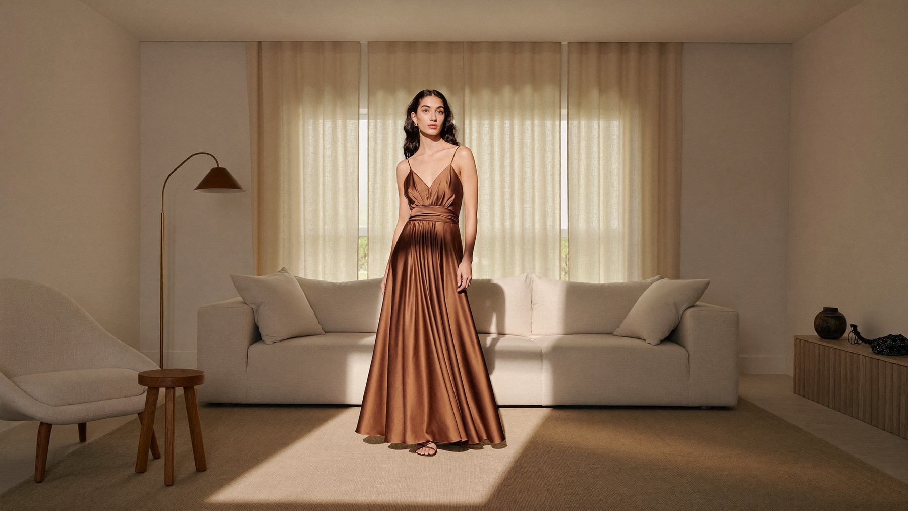 Elegant woman in a satin maxi dress centered in a warm sunlit living room