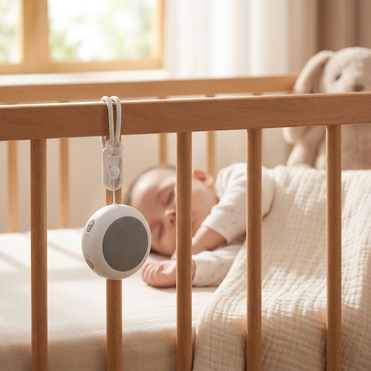 Portable Baby Sound Machine clipped to a crib in a nursery