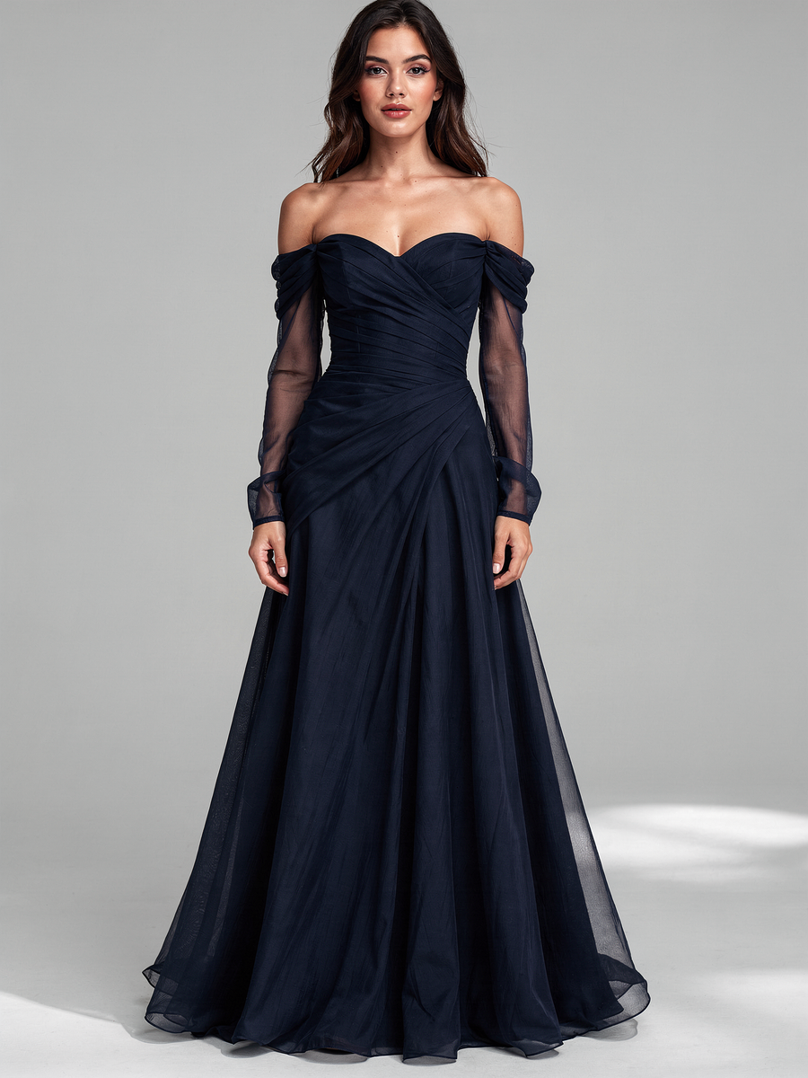 Navy blue off-shoulder chiffon maxi dress, front view
