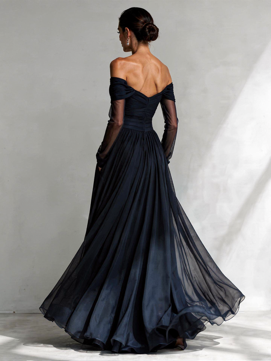 Navy blue off-shoulder chiffon maxi dress, back view
