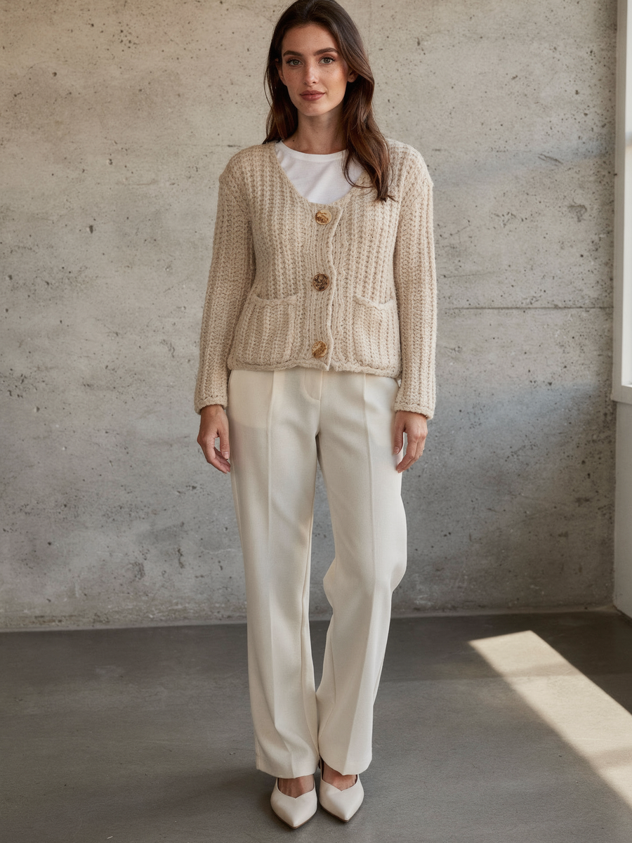 Cream chunky knit cardigan buttoned, full length front view